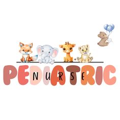 the word pediatric is surrounded by animals and balloons on a white background with an orange border