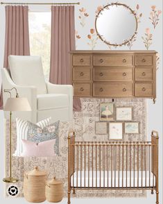 a baby's room with furniture and decor