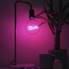 a pink light that reads love is on the wall next to a potted plant