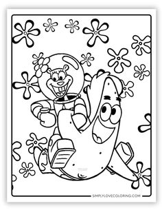 an animal coloring page for kids with flowers and butterflies in the background, including a cartoon character