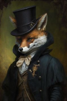 a painting of a fox wearing a top hat