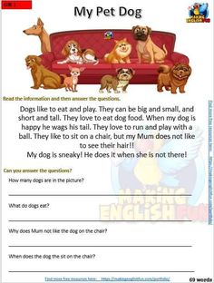 a worksheet with pictures of dogs sitting on a couch and the words, my pet dog