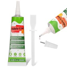 a bottle of fabric glue next to a tube of thread and an adhesiver