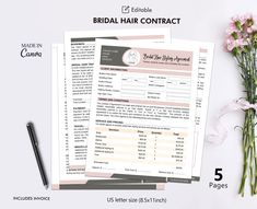 the bridal hair contract is next to flowers and a pen on top of it