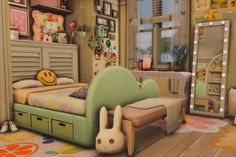 a bedroom with a bed, dresser and mirror in the corner is decorated in pastel colors