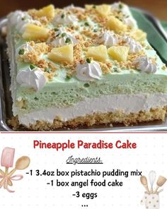 there is a cake with pineapples and whipped cream on top