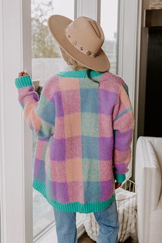 - Find your cozy place in this adorable cardigan! - Soft, unlined material with green, pink, and purple hues - An open draped front - Long, loose sleeves with ribbed cuffs - A relaxed draped silhouette that ends in a straight hemline with a ribbed texture Measurements S : Bust 46", Hip 44", Length 28", Sleeve Length 20", Waist 46". M : Bust 50", Hip 46", Length 29", Sleeve Length 21", Waist 50". L : Bust 52", Hip 48", Length 29.5", Sleeve Length 21.5", Waist 52". Plaid Cardigan, Loose Sleeves, Cozy Place, Ribbed Texture, Purple Hues, Women Clothing Boutique, Pink And Purple, Online Womens Clothing, High Waist Jeans