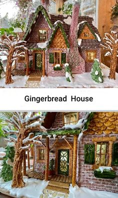 the gingerbread house is made out of clay and decorated with fake trees, bushes, and snow