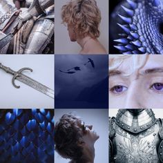 a collage of photos with different types of armor and swords in the middle one shows a woman's face