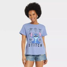 Women's Disney Stitch Short Sleeve Graphic T-shirt - Blue : Target Light Blue Cartoon Print Short Sleeve Top, Light Blue Crew Neck T-shirt With Character Print, Blue Disney T-shirt For Disney Trips, Disney Cartoon Print Relaxed Fit Tops, Relaxed Fit Disney Cartoon Print Tops, Relaxed Fit Short Sleeve Tops For Disney Fan Events, Blue Disney Tops For Disney Trips, Blue Disney Style Tops For Disney Trips, Blue Graphic Print T-shirt For Disney Fan Events