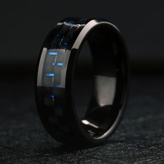 Men's Blue and Black Wedding Band Carbon Fiber Ring Engraving, Ring Exchange, Tungsten Carbide Wedding Bands, Wedding Band Designs, Black Tungsten, Katherine Mcnamara, Black Polish, Ring Sizer, Tungsten Carbide