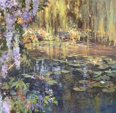 an oil painting of water lilies and trees