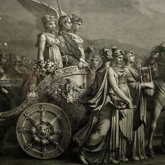 an antique painting of the roman empire being led by men and women in chariots