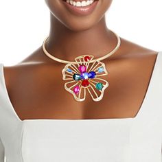 Gold Multi Crystal Flower Set Multicolor Flower Necklace With Flower Decoration, Elegant Multicolor Flower Shaped Necklace, Multicolor Flower Shape Jewelry For Party, Multicolor Flower Shape Party Jewelry, Multicolor Flower Choker As Gift, Multicolor Party Jewelry With Flower Shape, Elegant Multicolor Flower Decorated Jewelry, Multicolor Flower Decorated Jewelry For Party, Lobster Jewelry