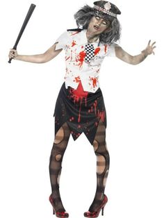 a woman dressed as a zombie holding a baseball bat and wearing tights with blood all over her body