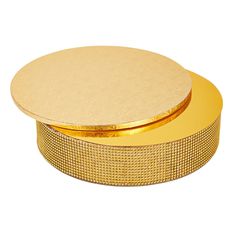 a round box with gold foil on it