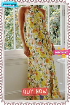 Vacation Print Split Joint Halter Straight Dresses Spring Non-stretch Floral Maxi Dress, Spring Floral Print Non-stretch Maxi Dress, Non-stretch Spring Sundress Maxi Dress, Non-stretch Spring Midi Dress For Vacation, Non-stretch Midi Dress For Spring Vacation, Non-stretch Midi Dress For Vacation In Spring, Non-stretch Floral Print Sundress For Spring, Non-stretch Maxi Dress For Spring Daywear, Spring Non-stretch Maxi Dress For Day Out