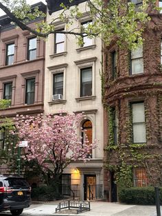 two buildings with trees in front of them and cars parked on the side of the street