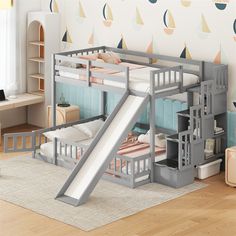 a child's bedroom with a bunk bed and slide