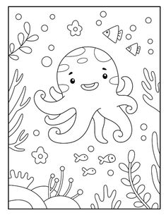 an octopus is swimming in the ocean coloring page