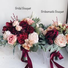 two bridal bouquets with red and pink flowers