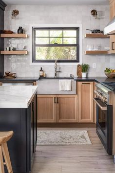 a kitchen with wooden cabinets and white counter tops, along with an oven in the center