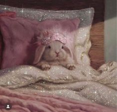 a white rabbit wearing a pink headband on top of a bed