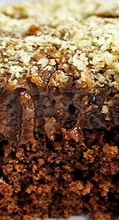 a close up of a piece of cake on a plate with chocolate frosting and nuts