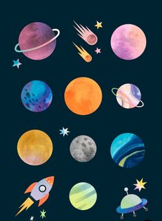 the planets are painted with watercolors on black paper