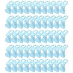 blue plastic clips are lined up in rows on a white background, with the top one open