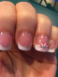 Cute Summer Nail Designs French Tip, Pink Flower Nail Designs Short, Nails With Butterfly, Short Pink French Tip Nails With Flowers, French Tip With Small Flower, Spring French Manicure, Hawaiian Flower Nails Y2k, 2000s Nails Acrylic Flower, French Manicure Nail Designs