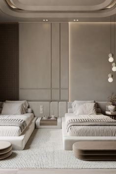 a modern bedroom with two beds in the middle and one on the other side, all made up