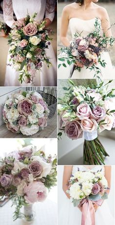 a collage of photos showing different bouquets