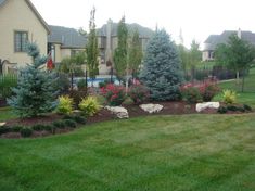 landscaping in front of a house with flowers and trees