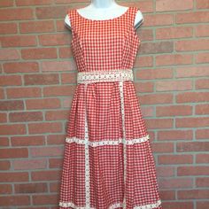 "What a wonderful find! This beauty is very unique and in great vintage condition! Gorgeous appliqué detail. Lined. Approx flat measurements 17 1/2\" armpit to armpit, 13\" across waist, 51\" shoulder to bottom with around 5 extra inches that could be let out." Vintage Gingham Dress For Spring, Gingham Vintage Dress For Spring, Vintage Plaid Sleeveless Dress, Spring Vintage Gingham Dress, 1950s Plaid Spring Dresses, Red 1950s Spring Dresses, Vintage Plaid Dress For Garden Party, 60s Dress, Floral Applique