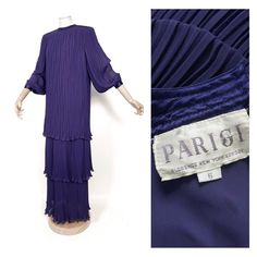 Exquisite evening dress by Parigi.  70s diva style in Diana Ross or Donna Summer vibes. It features 3-tier pleated construction, satin finish on shoulders, shoulder pads and buttoned fastening. The dress is lined on the main part. Stunning piece in superb condition. Oversized silhouette. This dress needs to be loose for the pleats to hang down.  SIZE: Labelled as 6 S Will fit 8UK easily Length: 58"/147cm Pit to pit measured on internal lining: 50cm /19" Chest 36" Purple Fitted Tiered Maxi Dress, Fitted Purple Pleated Maxi Dress, Vintage Lined Maxi Dress For Party, Vintage Style Lined Maxi Dress For Party, Vintage Purple Maxi Dress, Elegant Boho Dress, Silver Party Dress, Pink Velvet Dress, Silver Cocktail Dress