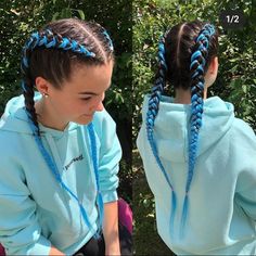 Braids With Color Hair Extensions, French Braids With Added Color Hair, Blue Dutch Braids, Color Braided Hair, Braids With Blue Extensions, Blue Braided Hair, Dutch Braids With Extensions, French Braids With Extensions