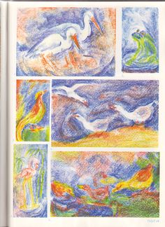 an open book with drawings and colored pencils on it's pages, including two birds