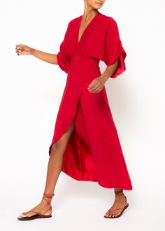 Red silk maxi dress Luxury A-line Skirt For Cocktail, Luxury Flattering Cocktail Dresses, Luxury Chic Cocktail Wrap Dress, Luxury Red Cocktail Sandals, Luxury Cocktail Wrap Dress, Luxury Full-length Maxi Dress For Cocktail, Luxury Closed Toe Heels For Cocktail, Luxury Wrapped Heel Sandals For Cocktail, Luxury Red Dress With Kimono Sleeves