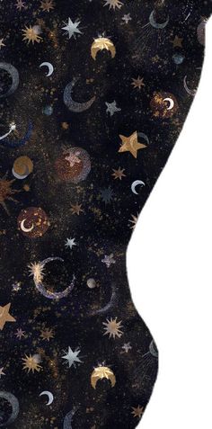 an image of a necktie with stars and moon designs on black fabric, as well as the back of it