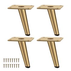 three brass metal brackets with screws and nails