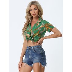 A great shirt to be paired with shorts or jeans. Enjoy the summer with the help of the Hawaiian leaf-printed shirt. Lend a touch of charm to your new season wardrobe with this shirt. Whether on carnivals, festivals, vacations, on the beach, or even at a theme party, you will certainly receive many compliments. Suitable for wearing to the beach. Green Short Tops For Day Out, Short Green Tops For Day Out, Green Short-length Tops For Vacation, Green Short Length Tops For Vacation, Green Short Length Top For Day Out, Green Tops With Button Closure For Summer, Casual Short Spring Shirt, Casual Short Shirt For Spring, Green Collared Beach Tops