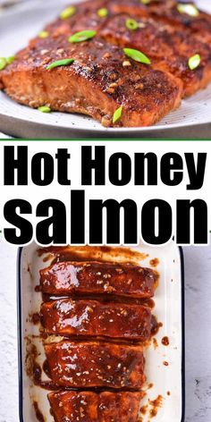 hot honey salmon on a white plate with text overlay