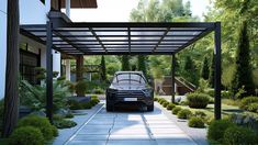 a car is parked in the driveway under a pergolated area with trees and bushes