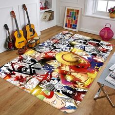 an area rug with cartoon characters on it and guitars in the corner behind them,