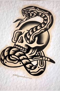 a black and white drawing of a skull with a snake on it's head