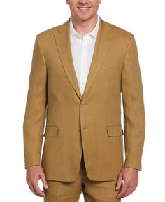 Complete your look with this Cubavera linen suit jacket for men. This smart jacket is made from breathable linen for a lightweight layer that’s perfect in the warmer weather. Flap pockets offer on-the-go storage space, and a two-button closure allows for easy on and off. This men’s jacket features a clean and contemporary single-breasted silhouette with a notched collar for a fashionable finishing touch. Pair it with the matching 100% Linen Solid Flat Front Pant in Tan. 100% Linen Classic Fit Pl Linen Notch Lapel Outerwear For Business, Solid Color Linen Blazer For Formal Occasions, Linen Sport Coat With Welt Pockets And Suit Collar, Linen Sport Coat With Welt Pockets, Linen Flat Front Suits For Business Casual, Classic Single Breasted Linen Sport Coat, Classic Linen Sport Coat With Suit Collar, Linen Sport Coat With Notch Lapel For Business Casual, Linen Notch Lapel Sport Coat For Business Casual