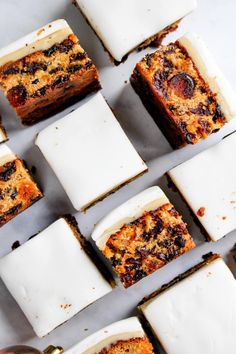 several squares of cake sitting on top of each other