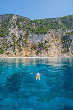 a dog swimming in the ocean near a cliff