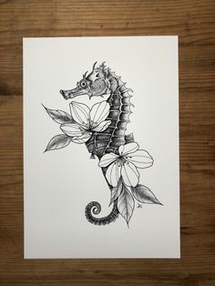 a drawing of a sea horse with flowers on it's back legs and head